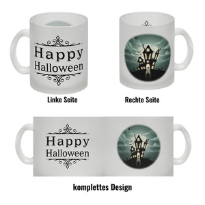 Kaffeetasse mit gruseligem Geisterhaus Motiv und Spruch - Happy Halloween
