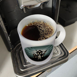 Kaffeetasse mit gruseligem Geisterhaus Motiv und Spruch - Happy Halloween