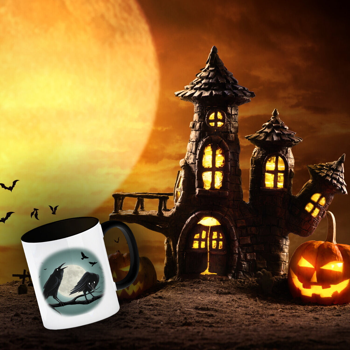 Kaffeetasse mit gruseligem Rabe Motiv und Spruch - Happy Halloween