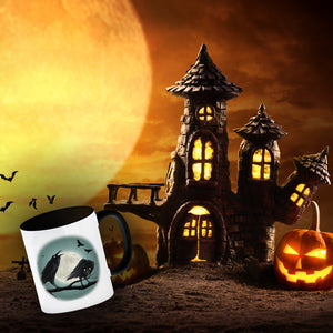 Kaffeetasse mit gruseligem Rabe Motiv und Spruch - Happy Halloween
