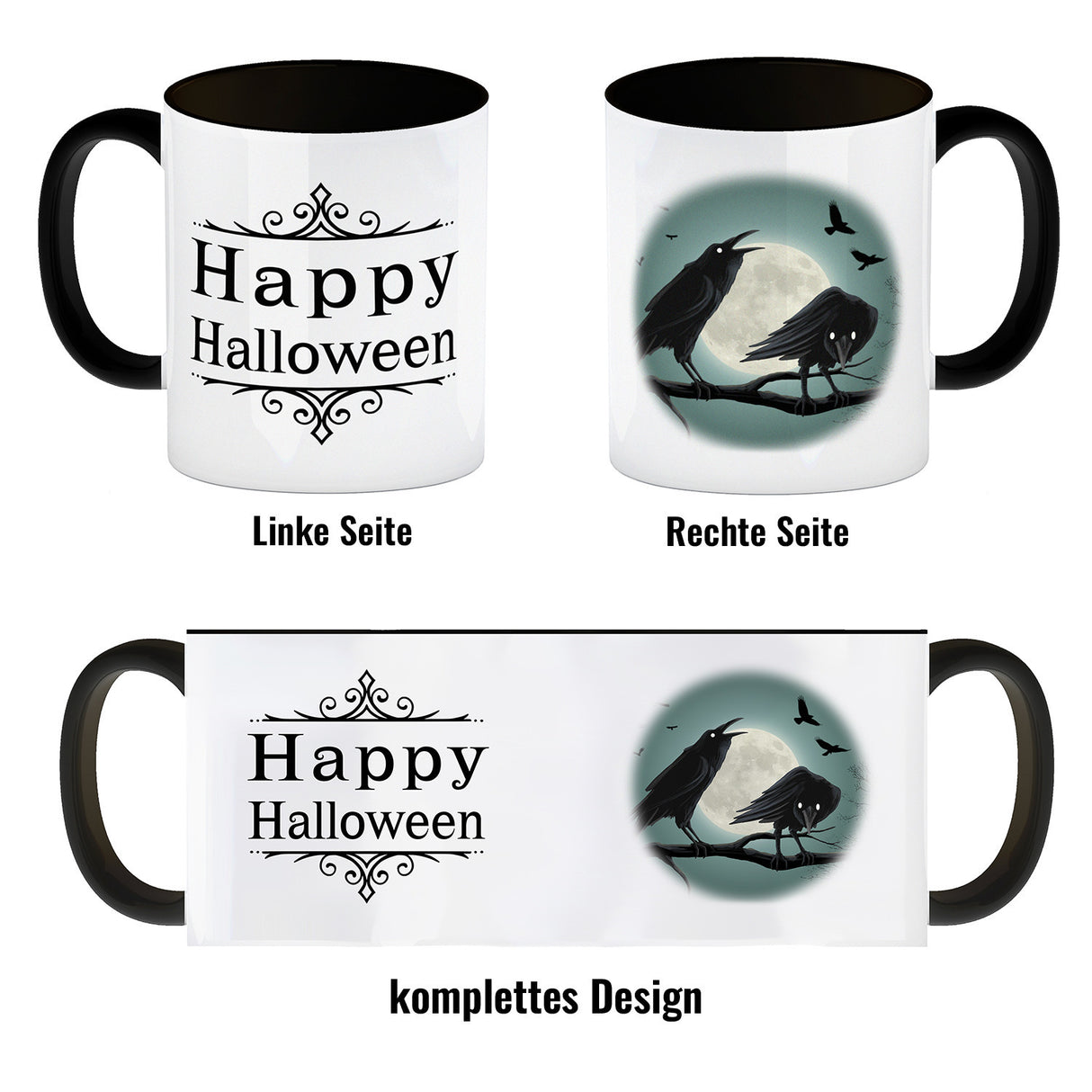 Kaffeetasse mit gruseligem Rabe Motiv und Spruch - Happy Halloween