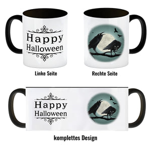 Kaffeetasse mit gruseligem Rabe Motiv und Spruch - Happy Halloween