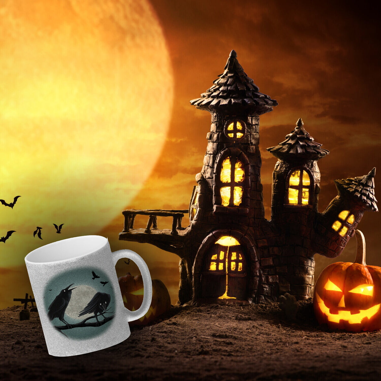 Kaffeetasse mit gruseligem Rabe Motiv und Spruch - Happy Halloween