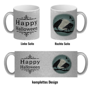 Kaffeetasse mit gruseligem Rabe Motiv und Spruch - Happy Halloween