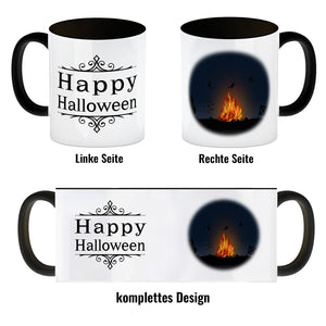 Kaffeetasse mit gruseligem Hexenfeuer Motiv und Spruch - Happy Halloween