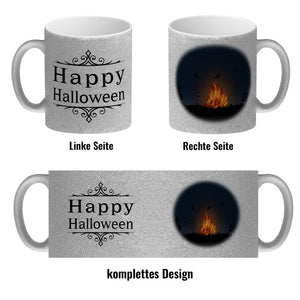 Kaffeetasse mit gruseligem Hexenfeuer Motiv und Spruch - Happy Halloween