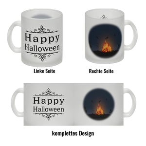 Kaffeetasse mit gruseligem Hexenfeuer Motiv und Spruch - Happy Halloween