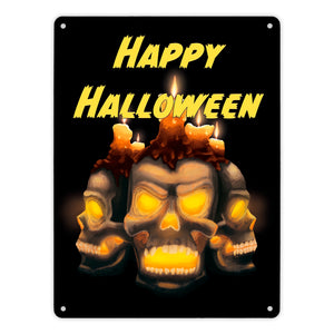 Metallschild für Halloween mit Totenköpfen und Schriftzug - Happy Halloween