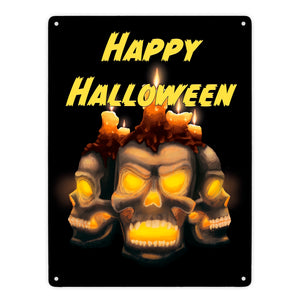 Metallschild für Halloween mit Totenköpfen und Schriftzug - Happy Halloween