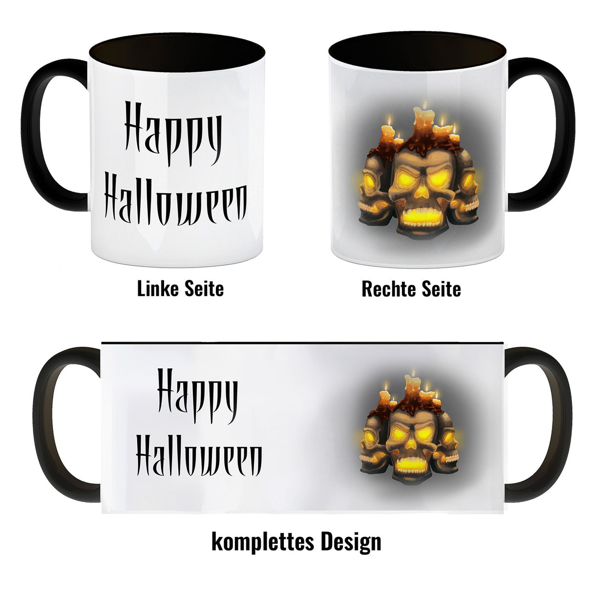 Kaffeetasse mit Totenköpfen und brennenden Kerzen - Happy Halloween