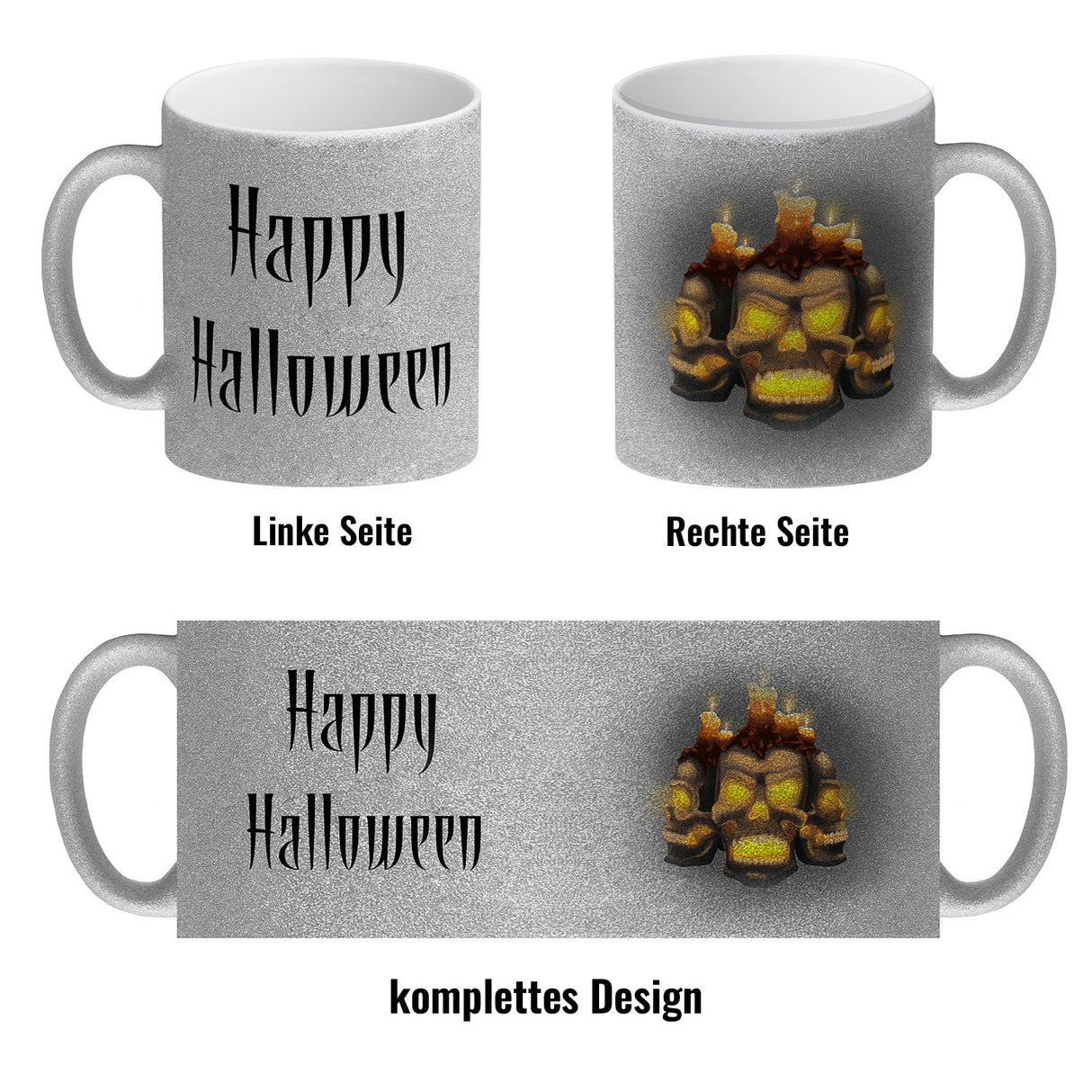 Kaffeetasse mit Totenköpfen und brennenden Kerzen - Happy Halloween