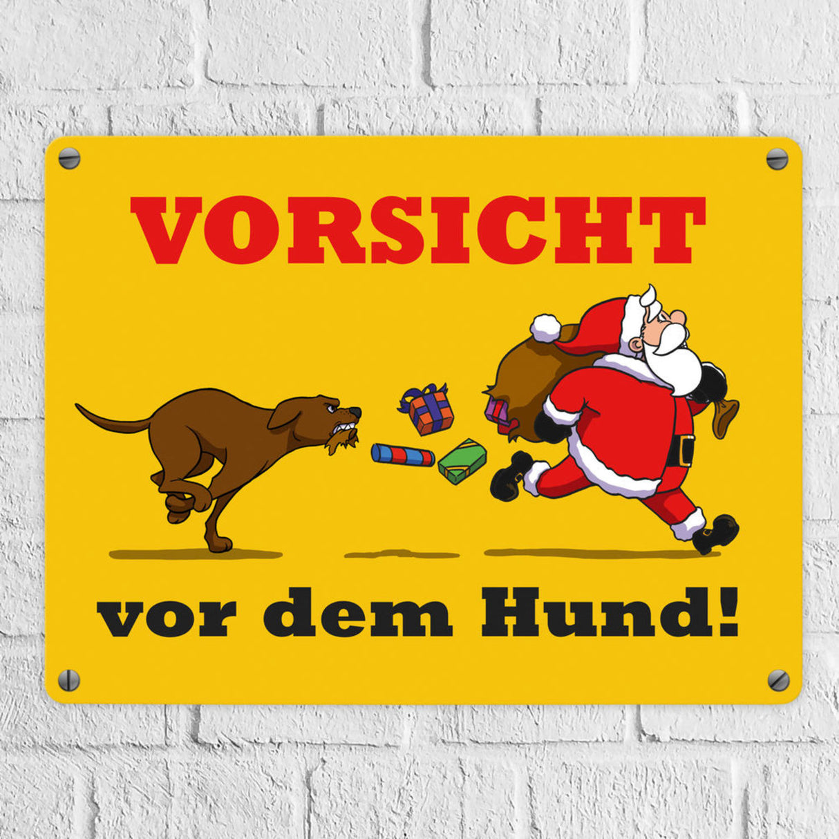 Metallschild mit Spruch und Weihnachtsmotiv - Vorsicht vor dem Hund!