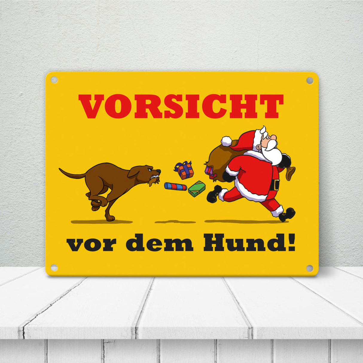 Metallschild mit Spruch und Weihnachtsmotiv - Vorsicht vor dem Hund!