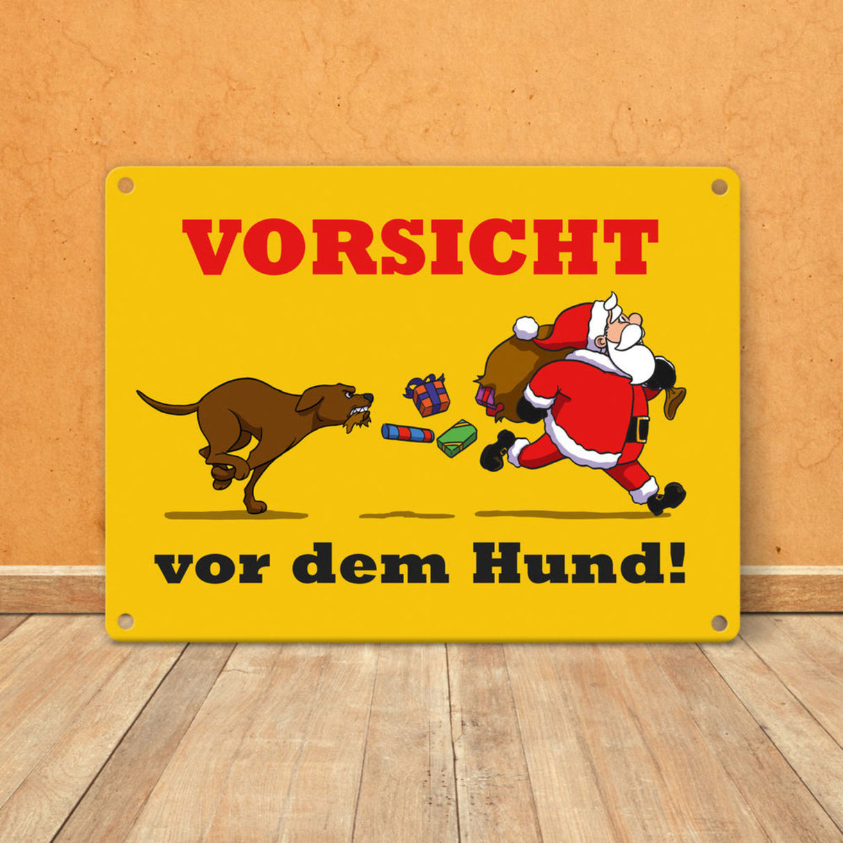 Metallschild mit Spruch und Weihnachtsmotiv - Vorsicht vor dem Hund!