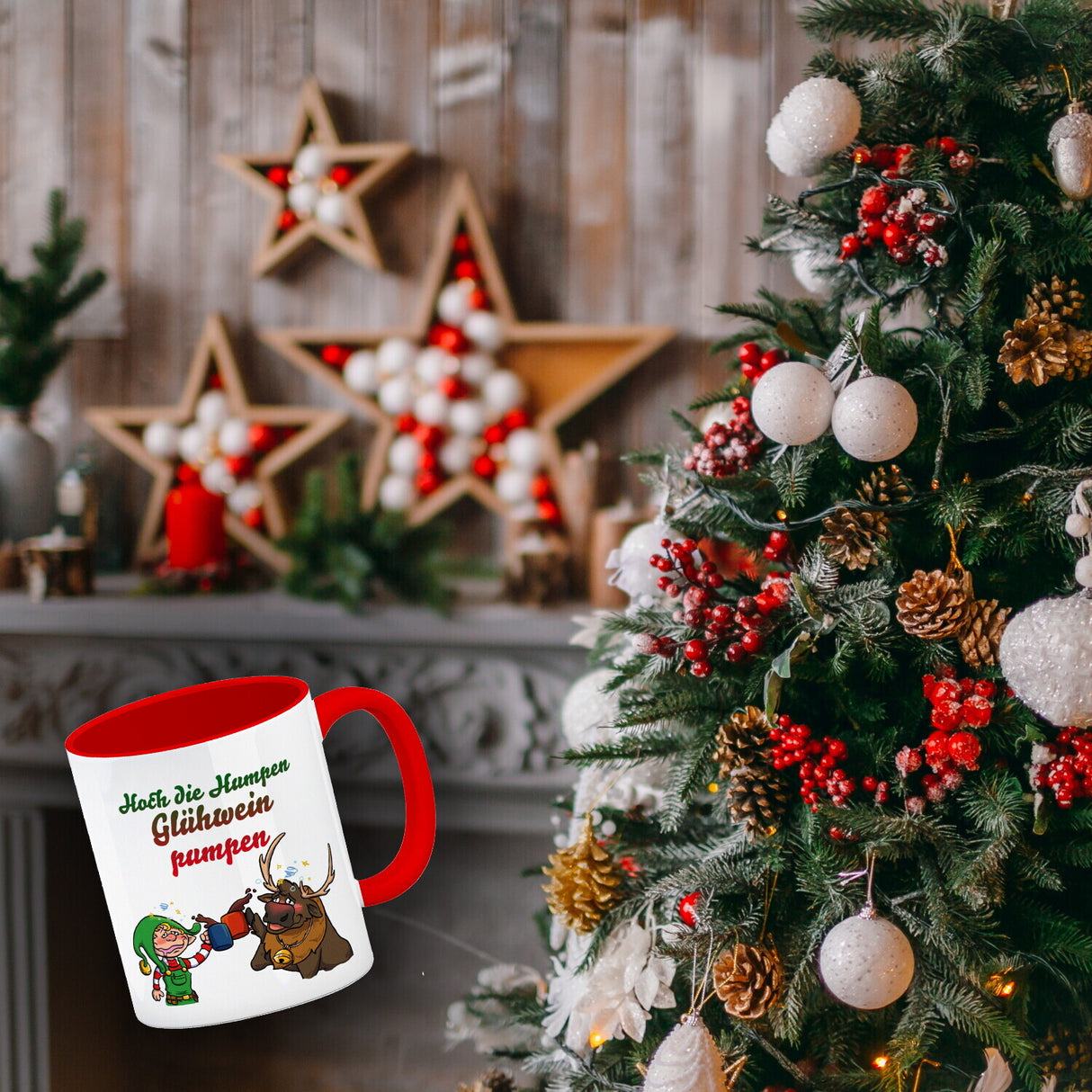 Hoch die Humpen Glühwein pumpen Kaffeebecher mit betrunkenem Rentier & Wichtel