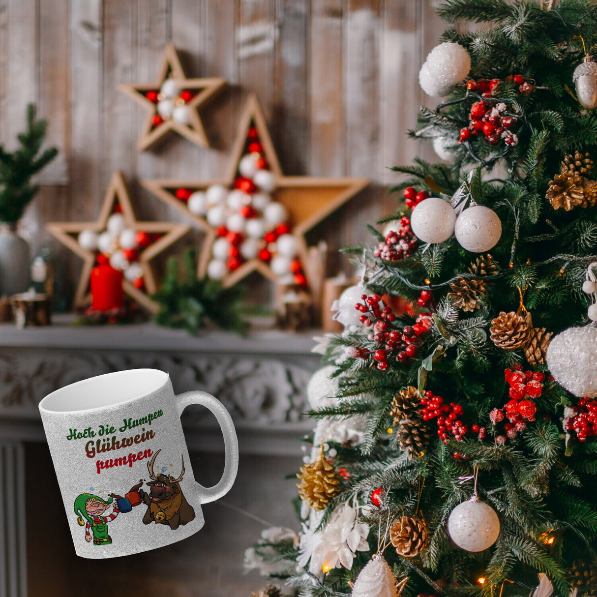 Hoch die Humpen Glühwein pumpen Kaffeebecher mit betrunkenem Rentier & Wichtel