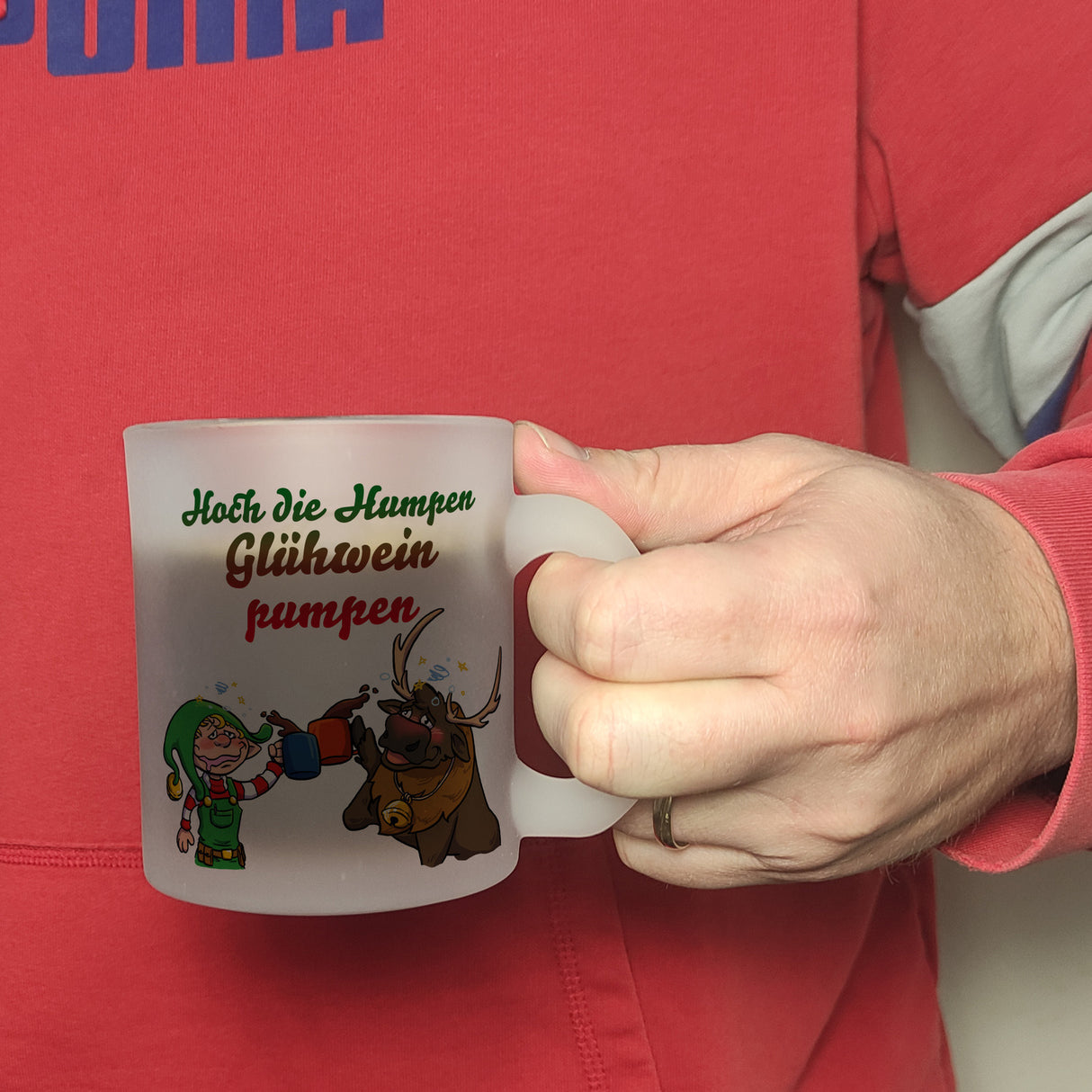 Hoch die Humpen Glühwein pumpen Kaffeebecher mit betrunkenem Rentier & Wichtel