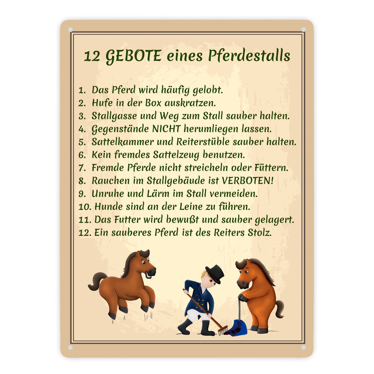 12 Gebote eines Pferdestalls Metallschild in 15x20 cm
