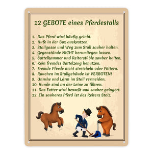 12 Gebote eines Pferdestalls Metallschild in 15x20 cm
