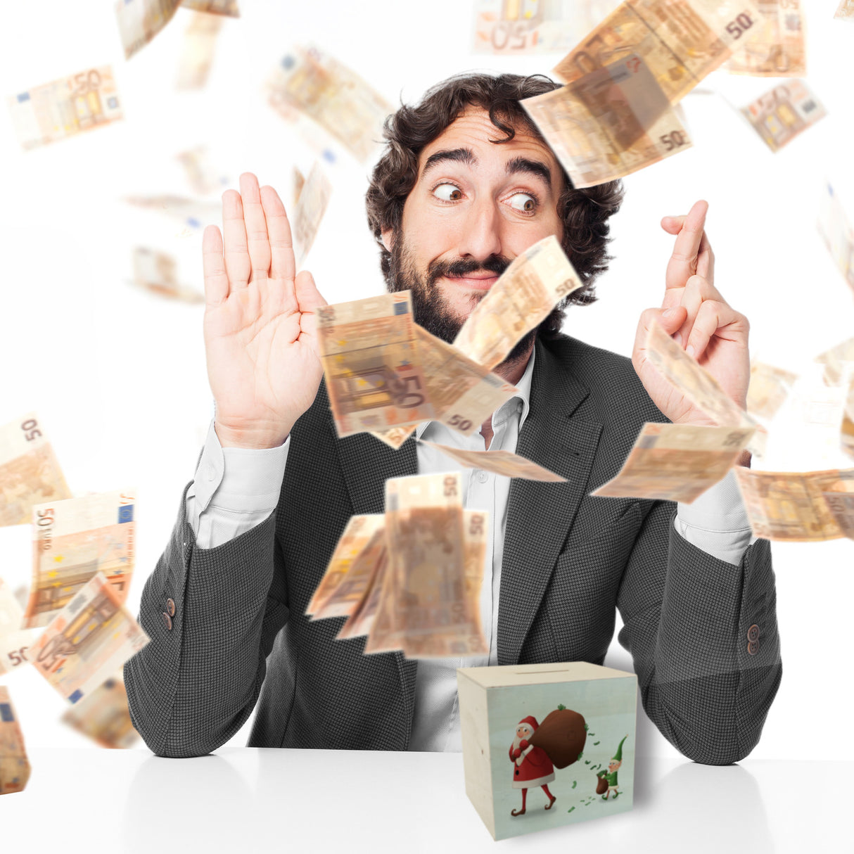 Weihnachtsmann mit einem Sack voll Geld und Weihnachtself Spardose