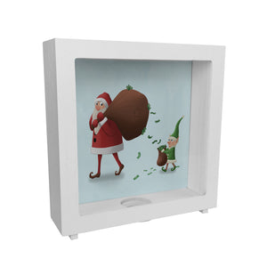 Weihnachtsmann mit einem Sack voll Geld und Weihnachtself Spardose