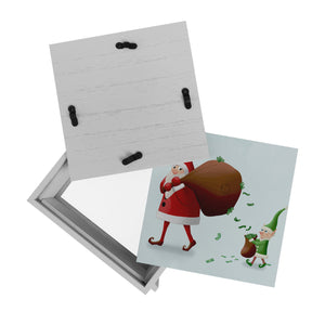Weihnachtsmann mit einem Sack voll Geld und Weihnachtself Spardose