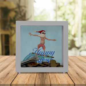 Happy Surfing witzige Spardose mit Weihnachtsmann auf Surfbrett