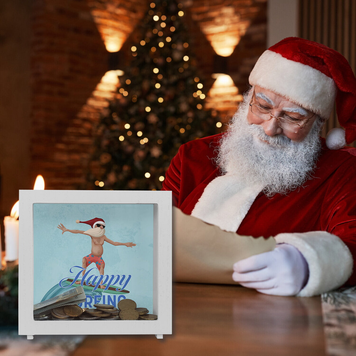 Happy Surfing witzige Spardose mit Weihnachtsmann auf Surfbrett