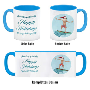 Happy Holidays witziger Kaffeebecher mit Weihnachtsmann auf Surfbrett