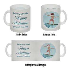 Happy Holidays witziger Kaffeebecher mit Weihnachtsmann auf Surfbrett