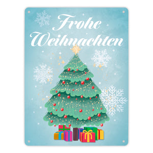 Frohe Weihnachten mit Weihnachtsbaum und Schneeflocken Metallschild