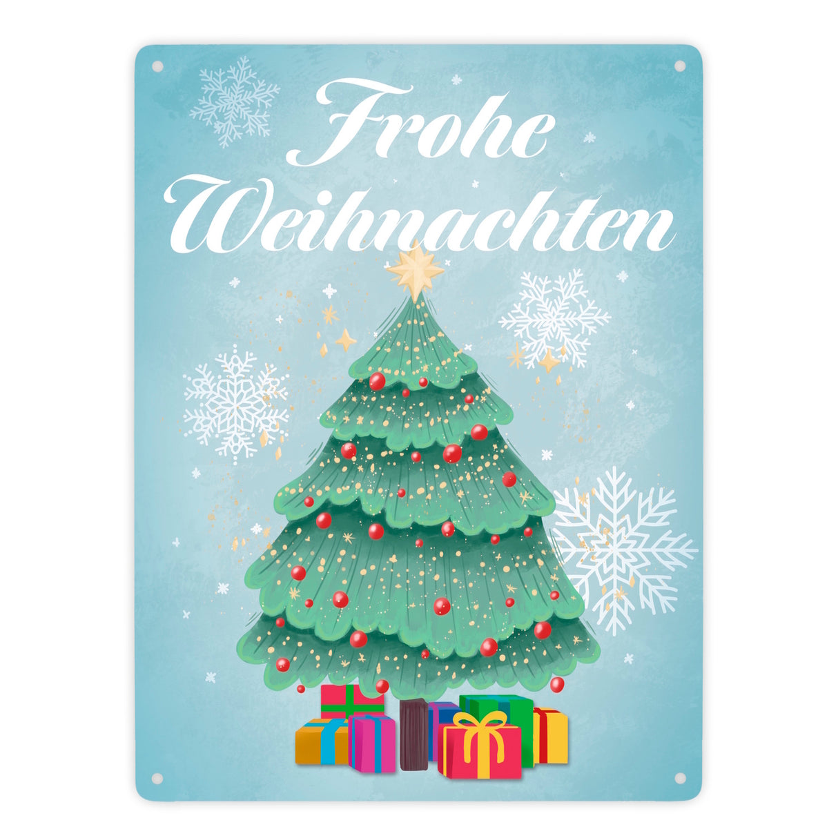 Frohe Weihnachten mit Weihnachtsbaum und Schneeflocken Metallschild