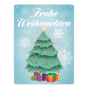 Frohe Weihnachten mit Weihnachtsbaum und Schneeflocken Metallschild