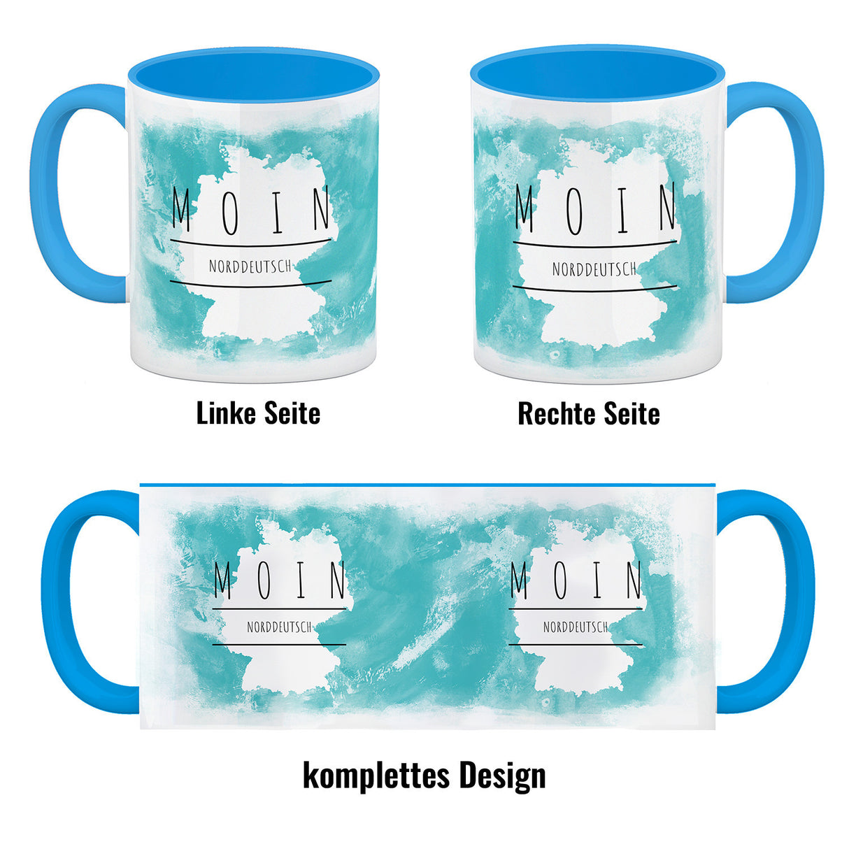 Hallo auf Norddeutsch Moin lustiger Kaffeebecher mit blauem Hintergrund