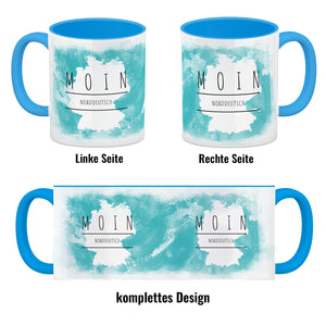 Hallo auf Norddeutsch Moin lustiger Kaffeebecher mit blauem Hintergrund