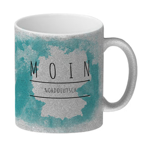 Hallo auf Norddeutsch Moin lustiger Kaffeebecher mit blauem Hintergrund