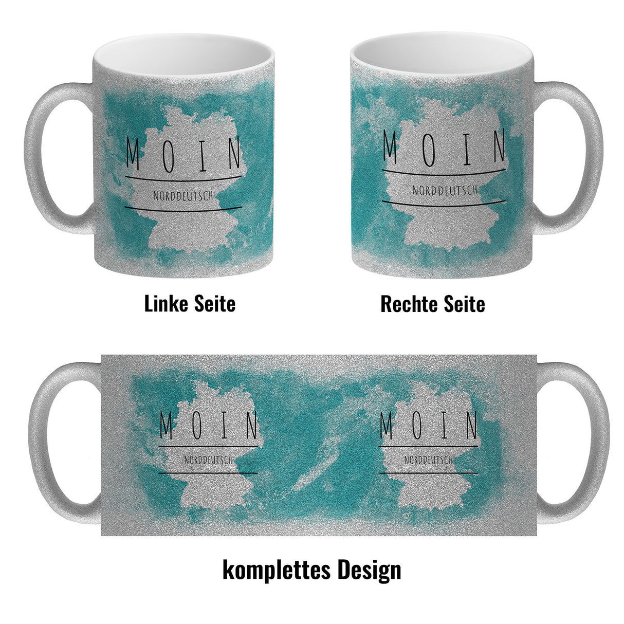 Hallo auf Norddeutsch Moin lustiger Kaffeebecher mit blauem Hintergrund