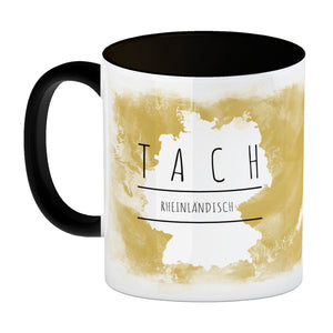Hallo auf Rheinländisch Tach lustiger Kaffeebecher mit gelbem Hintergrund