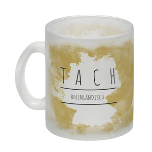Hallo auf Rheinländisch Tach lustiger Kaffeebecher mit gelbem Hintergrund