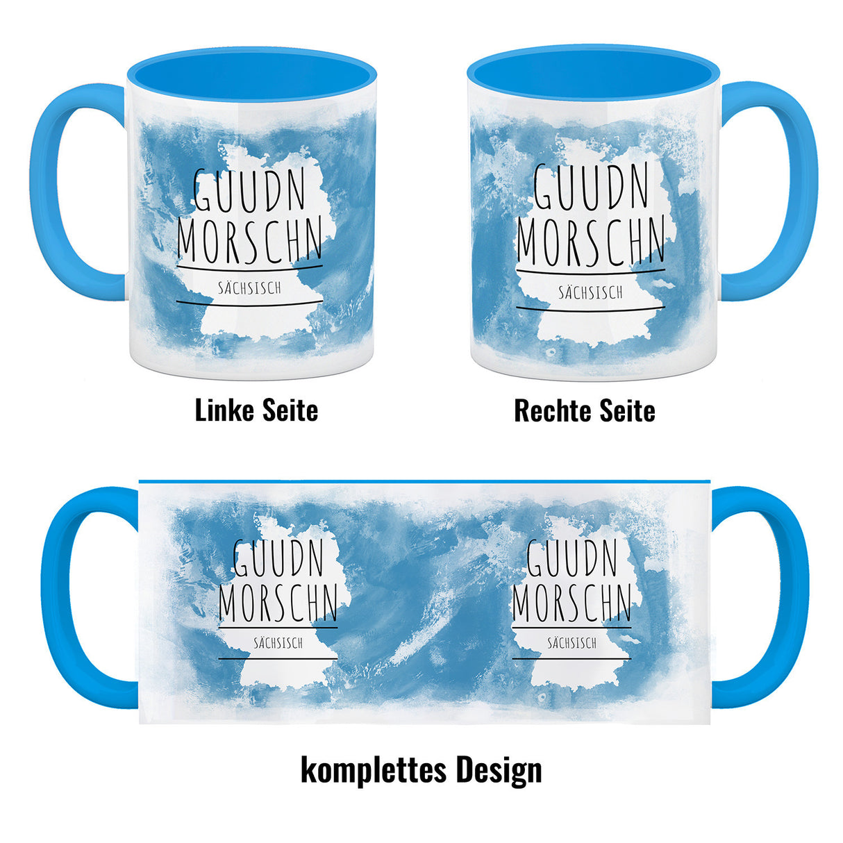 Hallo auf Sächsisch Guudn Morschen lustiger Kaffeebecher mit blauem Hintergrund