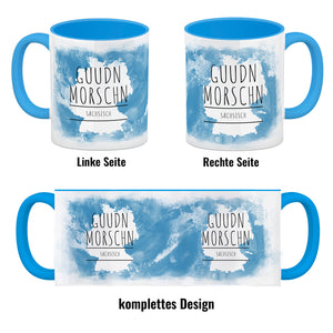 Hallo auf Sächsisch Guudn Morschen lustiger Kaffeebecher mit blauem Hintergrund