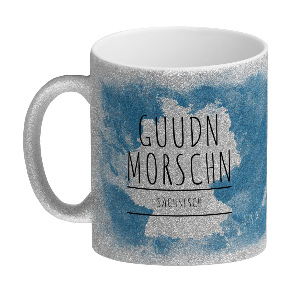 Hallo auf Sächsisch Guudn Morschen lustiger Kaffeebecher mit blauem Hintergrund