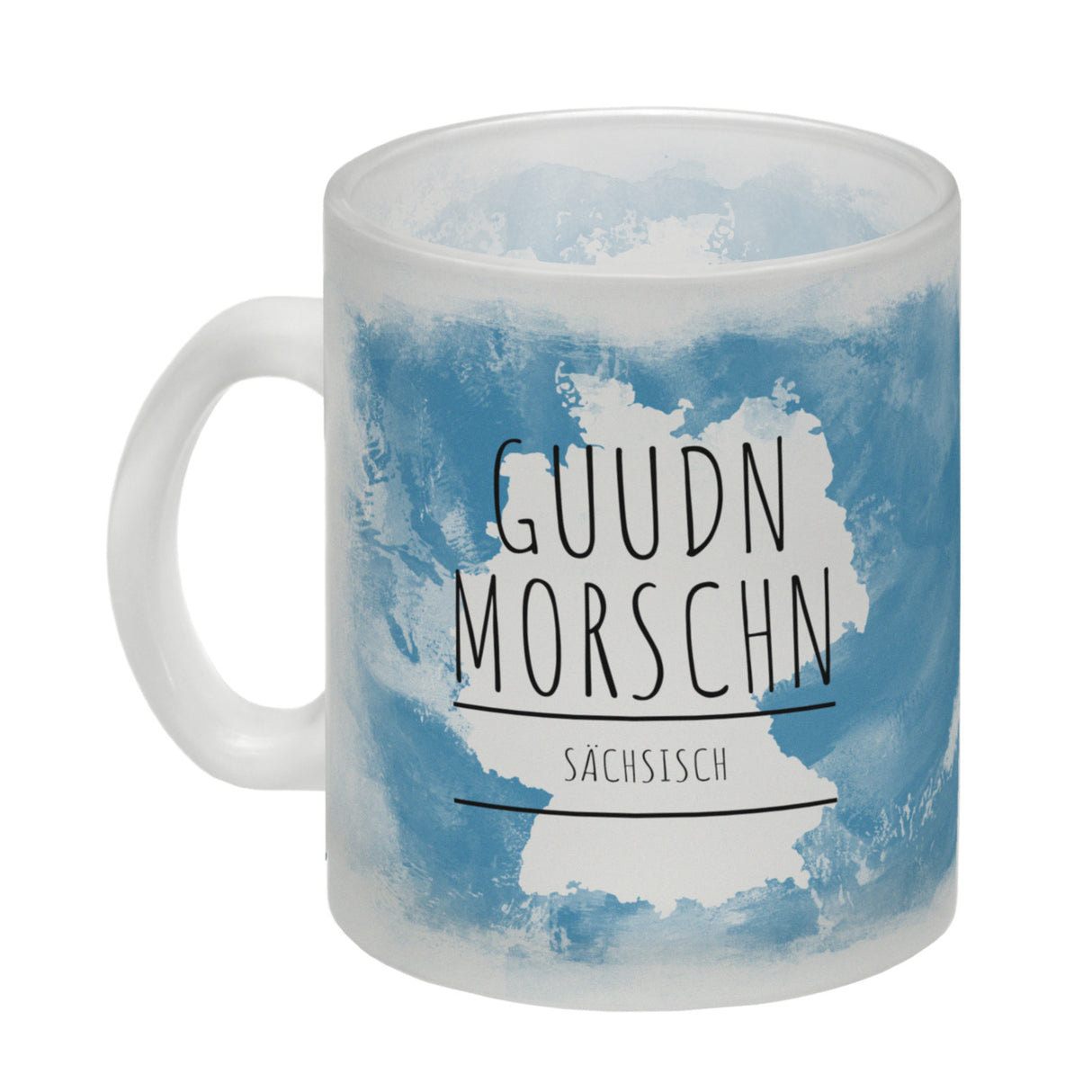 Hallo auf Sächsisch Guudn Morschen lustiger Kaffeebecher mit blauem Hintergrund