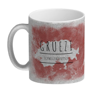 Hallo auf Schweizerdeutsch Grüezi lustiger Kaffeebecher mit rotem Hintergrund
