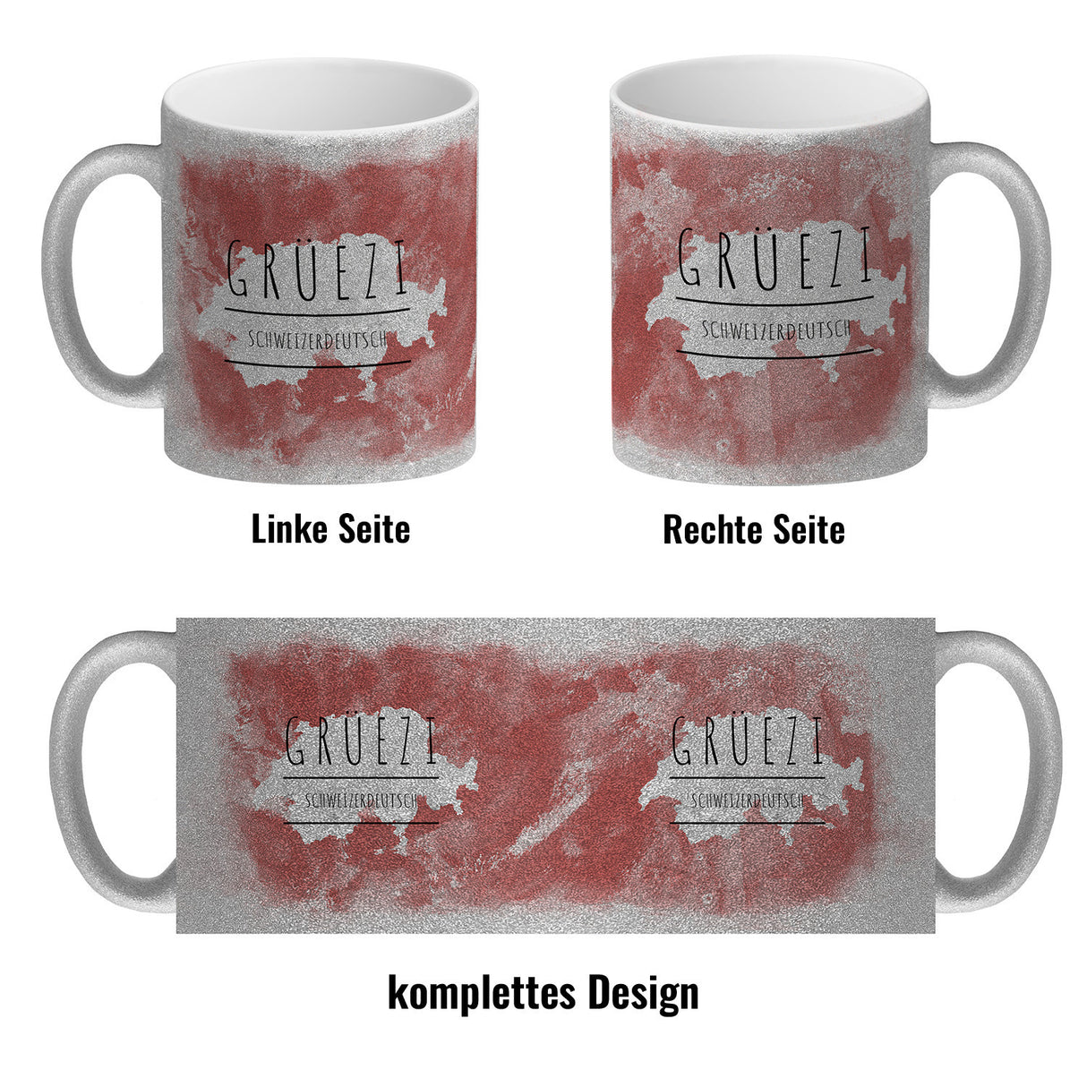 Hallo auf Schweizerdeutsch Grüezi lustiger Kaffeebecher mit rotem Hintergrund