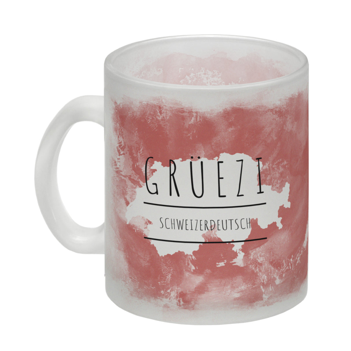 Hallo auf Schweizerdeutsch Grüezi lustiger Kaffeebecher mit rotem Hintergrund
