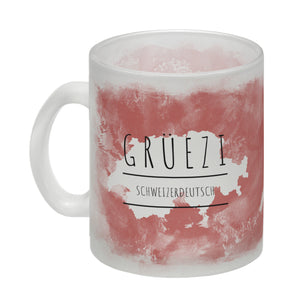 Hallo auf Schweizerdeutsch Grüezi lustiger Kaffeebecher mit rotem Hintergrund