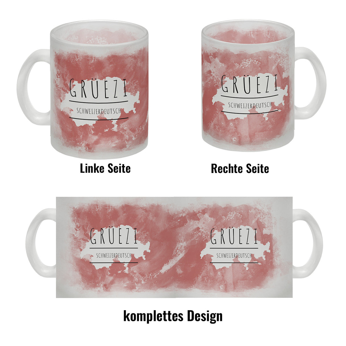 Hallo auf Schweizerdeutsch Grüezi lustiger Kaffeebecher mit rotem Hintergrund