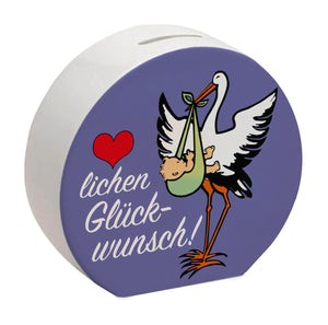 Storch und Kind Spardose zur Geburt mit niedlichem Motiv