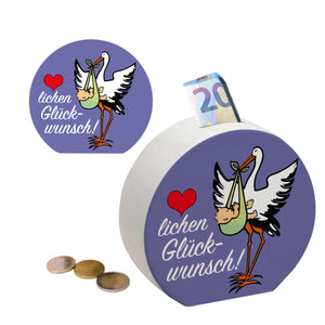 Storch und Kind Spardose zur Geburt mit niedlichem Motiv